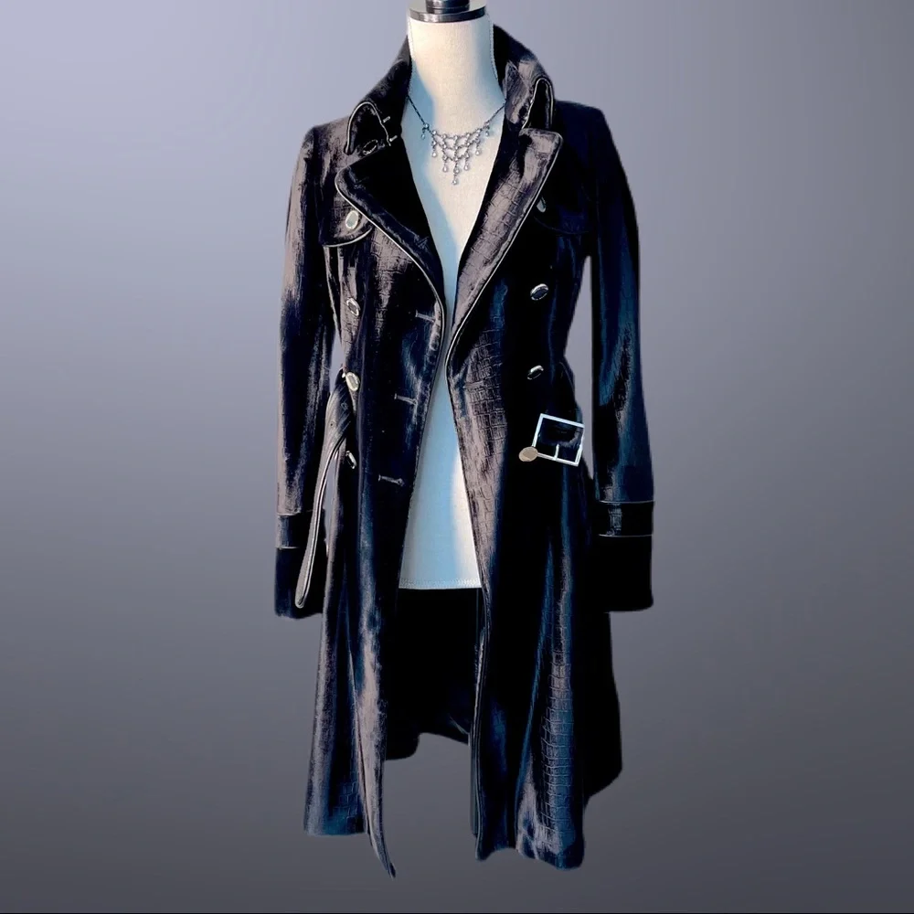 Karen Millen Black Glossy Faux Fur Trench Coat Silver Belted Lined Mob Wife - Picture 4 of 17
